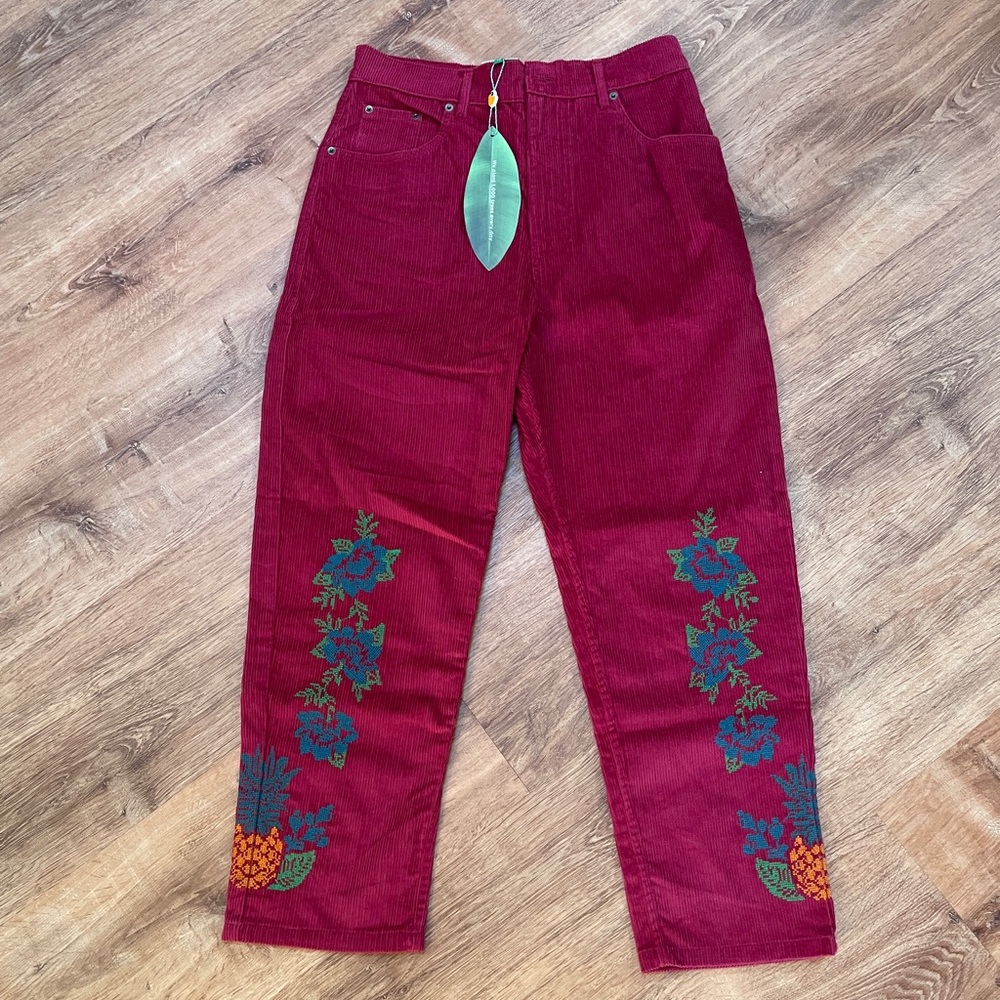 Farm Rio Embroidered Corduroy Pants Size XS Floral Tropical Garnet NWT $245